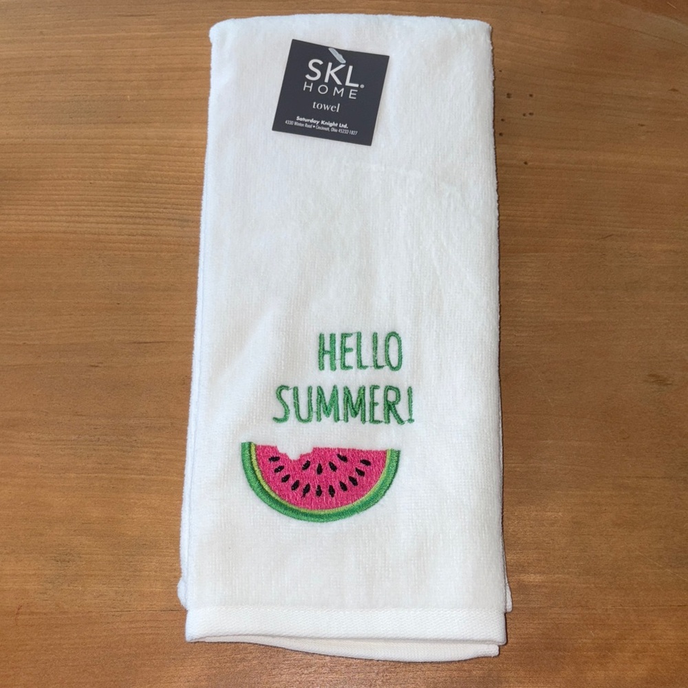 SKL Home White bathroom hand Towel embroidered Watermelon Hello Summer Cotton